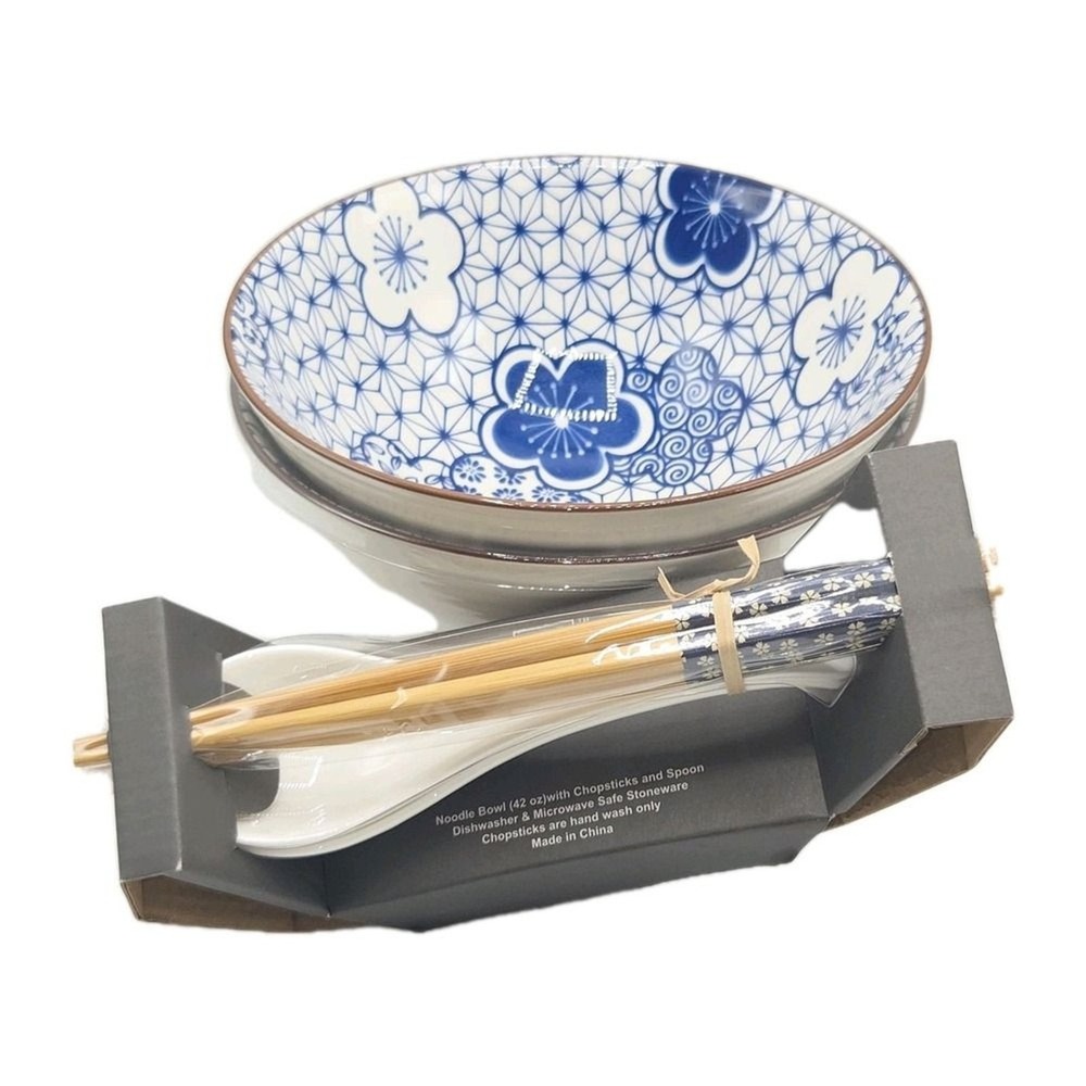 SH Home Ceramic Ramen Noodle Bowl Set of 2 Chopsticks & Spoon Blue White Floral